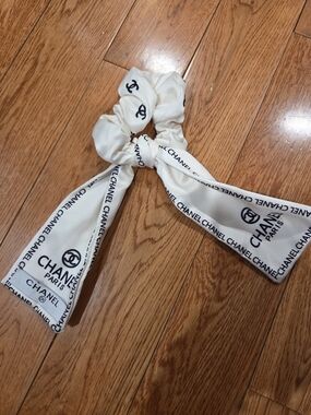 CHANEL Cream and Black Logo  Bow Scrunchie with Tails